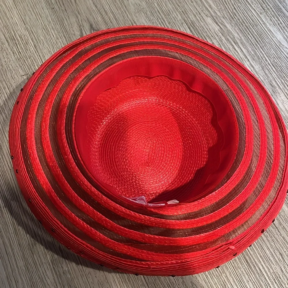Red Straw brim hat with rhinestones.